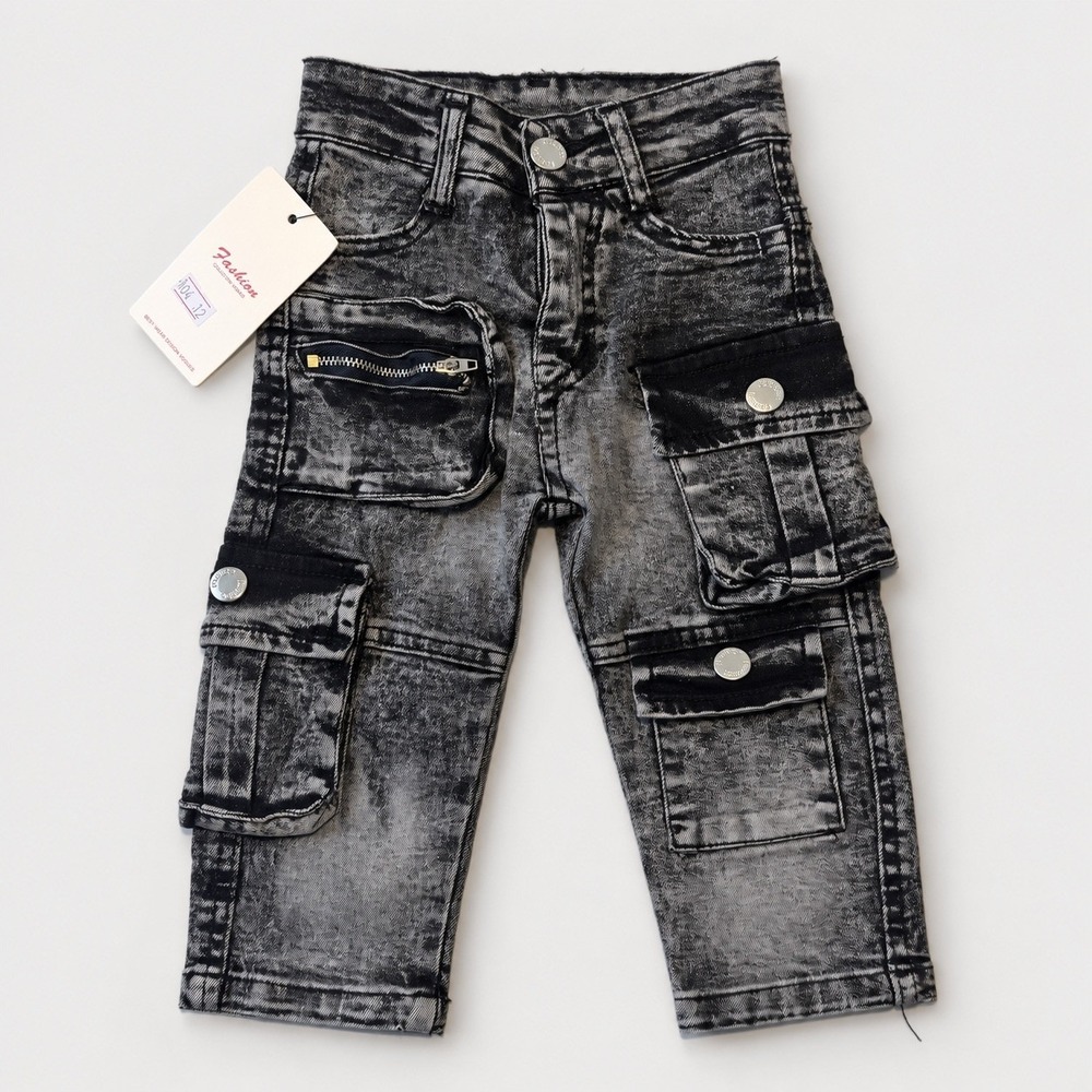 Baby 12M Black Gray Acid Wash Cargo Jeans NWT 100% Cotton